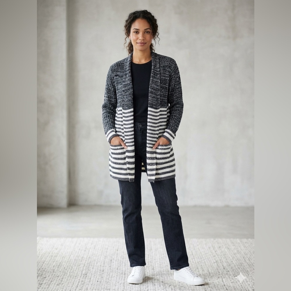 Jason Maxwell Black & White Striped Open Front Cardigan - Size Large - Cozy Knit